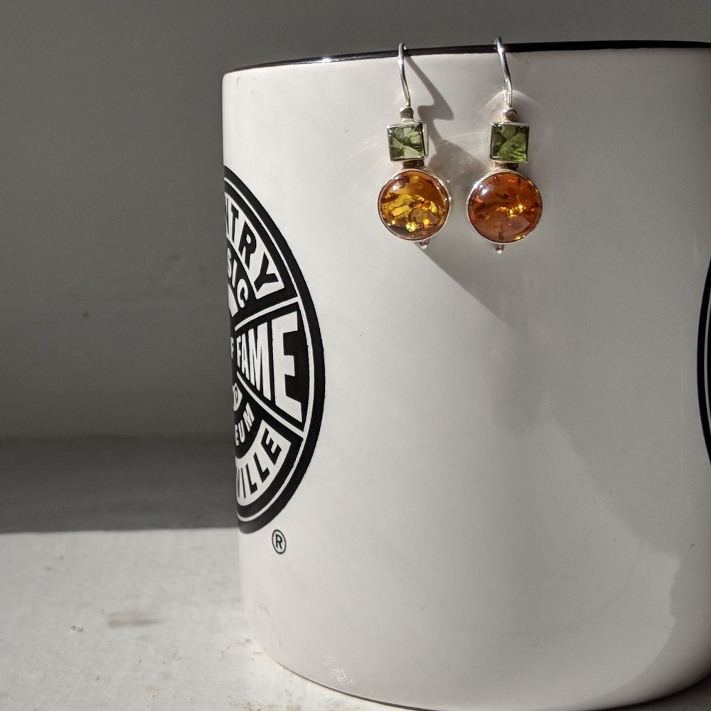925 Sterling Silver Green & Orange Dangle Earrings